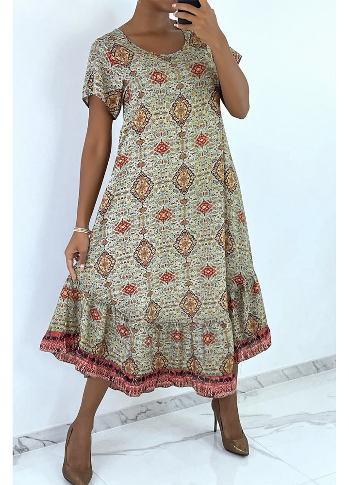Robe longue vert à manches courtes et imprimé coloré - 2