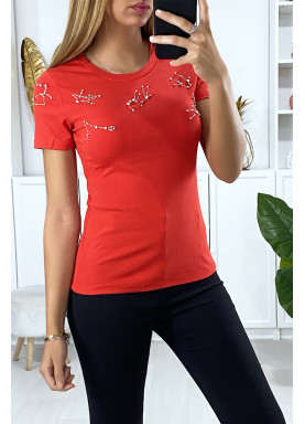 T-shirt rouge avec strass au buste - 1