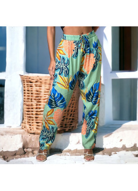 Pantalon palazzo vert imprimé tropical - 2
