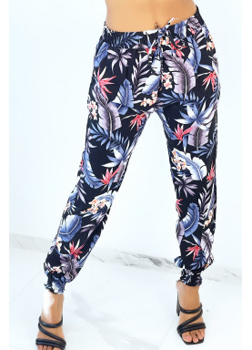 Pantalon noir cigarette fluide à motif feuillages et plumes - 1