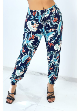 Pantalon marine cigarette fluide à motif feuillages et plumes - 1