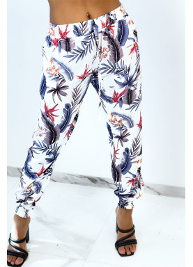 Pantalon blanc cigarette fluide à motif feuillages et plumes - 1