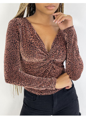 Haut scintillant avec imprimés léopard rouge à manches longues, col v - 1