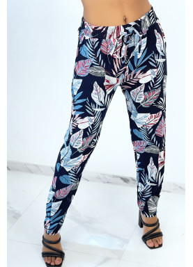 Pantalon fluide marine coupe droite à imprimé plumes multicolors - 1