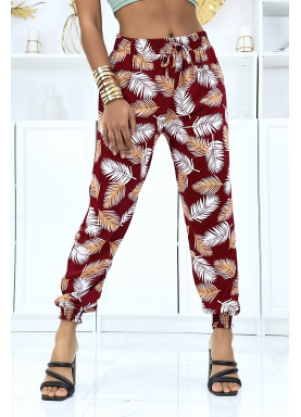 Pantalon feuillage bordeaux fluide élastique à la taille et aux chevilles - 1