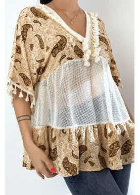 Tunique beige ajourée façon bohème avec pompons et motifs - 1
