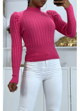 Pull fuchsia duveteux côtelé à col haut - 1