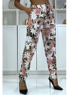 Pantalon fluide rose à motif floral B-10 - 1