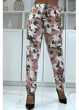 Pantalon fluide rose à motif floral B-10 - 3