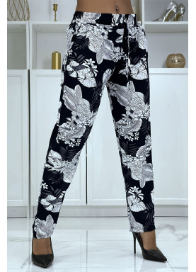 Pantalon fluide marine à motif floral B-47 - 1