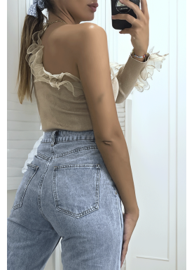 Pull camel côtelé à une manche et volants - 1