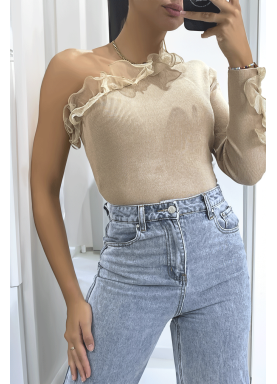 Pull camel côtelé à une manche et volants - 4