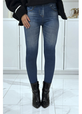 Legging bleu taille haute et molletonné motif jean délavé - 3