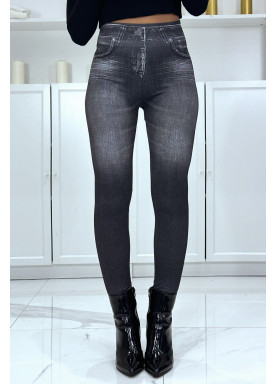 Legging noir taille haute et molletonné motif jean délavé - 1