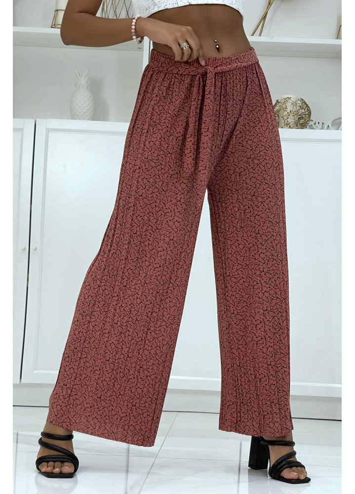 Pantalon plissé fluide corail à motif marbre - 1
