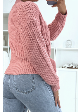 Cache-coeur rose poudré bien chaud en grosse maille et à manches bouffantes - 1