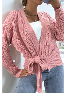 Cache-coeur rose poudré bien chaud en grosse maille et à manches bouffantes - 2