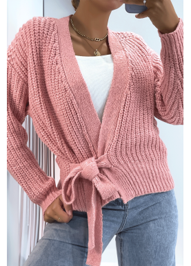 Cache-coeur rose poudré bien chaud en grosse maille et à manches bouffantes - 3