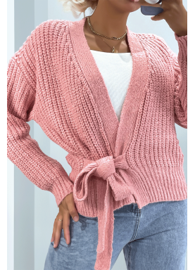 Cache-coeur rose poudré bien chaud en grosse maille et à manches bouffantes - 4