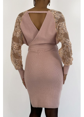 Robe pull cache-coeur rose très élégante à manches en dentelle - 4