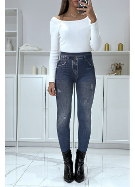 Legging bleu taille haute et molletonné motif jean délavé - 1