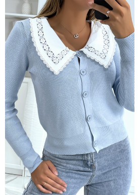 Gilet bleu à col Claudine - 2