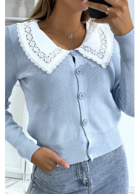 Gilet bleu à col Claudine - 3