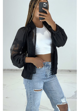 Chemisier à zip noir bouffant à détails ajourés - 1