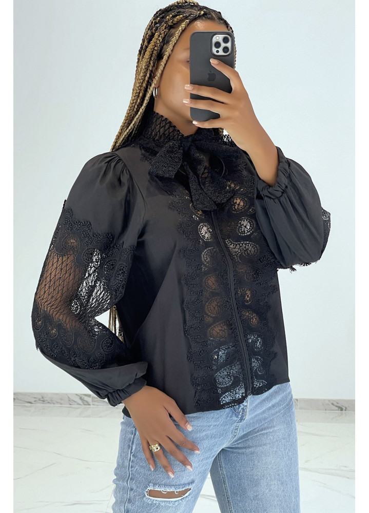 Chemisier à zip noir bouffant à détails ajourés - 2