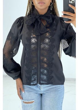 Chemisier à zip noir bouffant à détails ajourés - 3