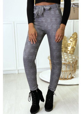Pantalon slim à carreaux gris molletonné à l'intérieur avec poches et ceinture - 2