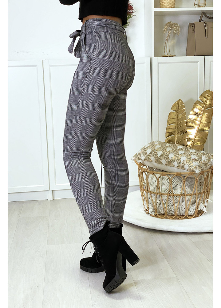 Pantalon slim à carreaux gris molletonné à l'intérieur avec poches et ceinture - 3