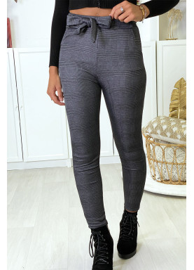 Pantalon slim à carreaux anthracite molletonné à l'intérieur avec poches et ceinture - 2