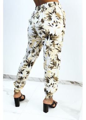 Pantalon fluide beige imprimé tropical resserré aux chevilles  - 3