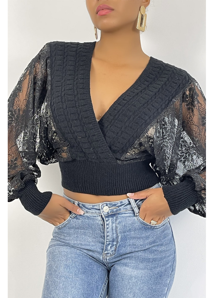 Pull cache coeur court noir avec manches bouffante en dentelle - 2