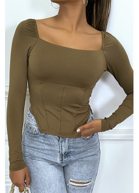 T-shirt manches longues taupe à style corsé à col carré - 2