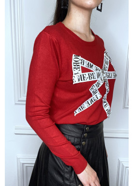 Pull rouge à empiècement et strass - 2