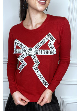 Pull rouge à empiècement et strass - 3