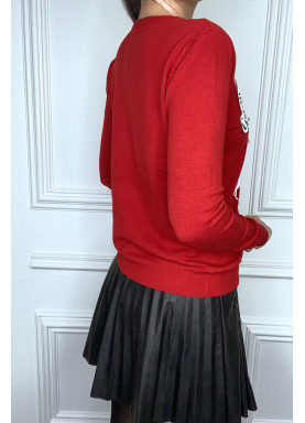 Pull rouge à empiècement et strass - 4