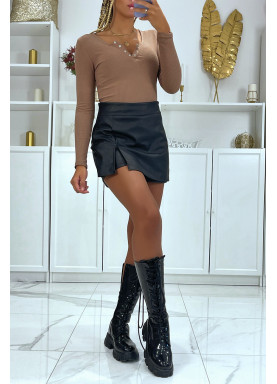 Crop top taupe côtelé à col v à pression fantaisie - 2