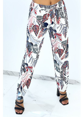 Pantalon fluide blanc coupe droite à imprimé plumes multicolors - 1