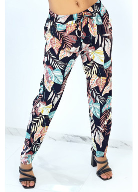 Pantalon fluide noir coupe droite à imprimé plumes multicolors - 1