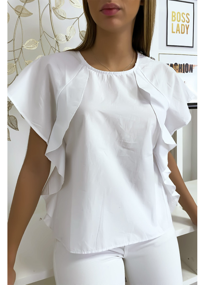 Blouse blanche à volant avec trois boutons à l'épaules - 1