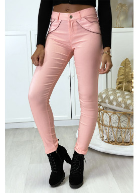 Pantalon slim rose en strech avec zip et suédine à l'avant - 1