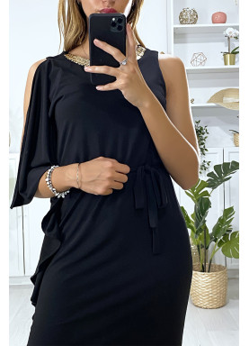 Longue robe noir avec volant sur une manche et accessoire doré au col - 3