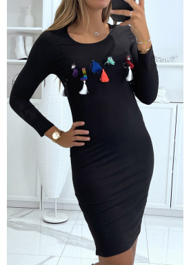 Robe tube noire à manche longue, pompom et strass fashion. - 3
