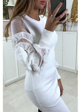 Robe pull blanc avec manches en tulle - 4