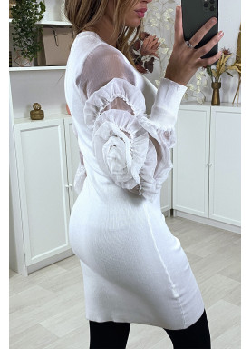 Robe pull blanc avec manches en tulle - 6