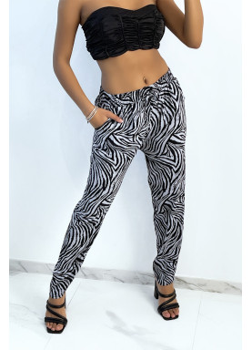 Pantalon fluide anthracite coupe droite à imprimé zèbres resserré aux chevilles - 1