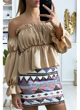 Mini jupe pailleté à l'avant avec motif à dominance rose - 3